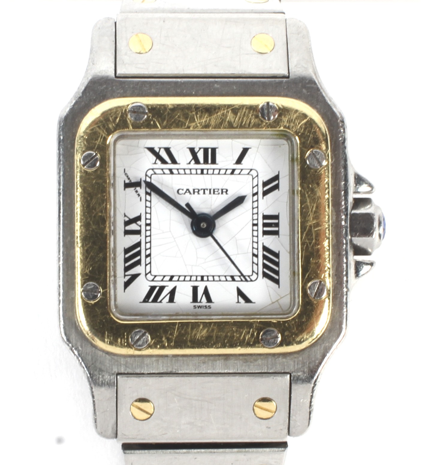 A vintage ladies Cartier Santos stainless steel and gold wristwatch.