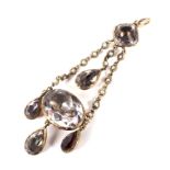 A late Victorian rose gold, half-pearl and pale violet quartz open drop-shaped pendant.