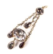 A late Victorian rose gold, half-pearl and pale violet quartz open drop-shaped pendant.