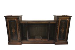 Victorian walnut marquetry inlaid inverted break-front drop centre open bookcase with adjustable
