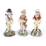 Three Staffordshire pearlware figures of Cupid in Disguise as street sellers, early 19th century.