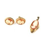 A pair of vintage Italian oval shell cameo stud earrings and a similarly set pendant.