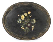 A late 19th century painted and mother of pearl tole inset oval tray.