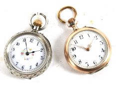 Two small silver and white metal fob watches.