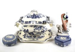 An assortment of blue and white ceramics.