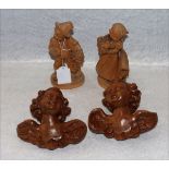Paar Holzfiguren 'Traubenkinder', gebeizt, H 18 cm und 2 'Putten', gebeizt, H 14 cm, B 15 cm