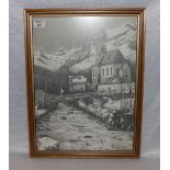 Zeichnung 'Vorfrühling in Ramsau' signiert Wilhelm ...., datiert 1953, unter Glas gerahmt, Rahmen