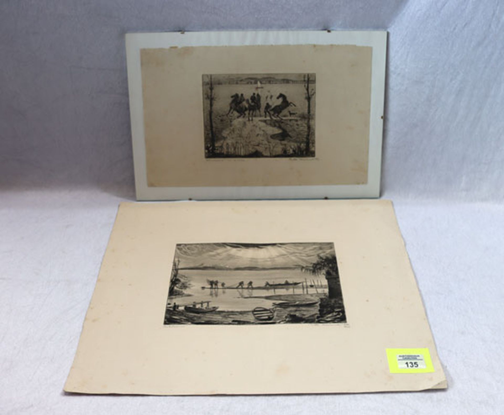 2 Radierungen 'Nebelsonne', 1922, ohne Rahmung und 'Pferde-Szenerie', unter Glasrahmen, beide