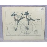 Lithografie 'Alttyrolische Hochradfahrer, Aufsteigend', signiert Flora, Paul, * 1922 Glurns + 2009