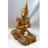 Thailändiche Holzfigur 'Sitzender Buddha mit Spiegelpailletten', Blombe, H 42 cm, B 22 cm, T 34