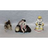 Konvolut von 3 Porzellanfiguren: Royal Dux 'Hund', H 12,5 cm, 'Harlekin', H 13 cm, und '