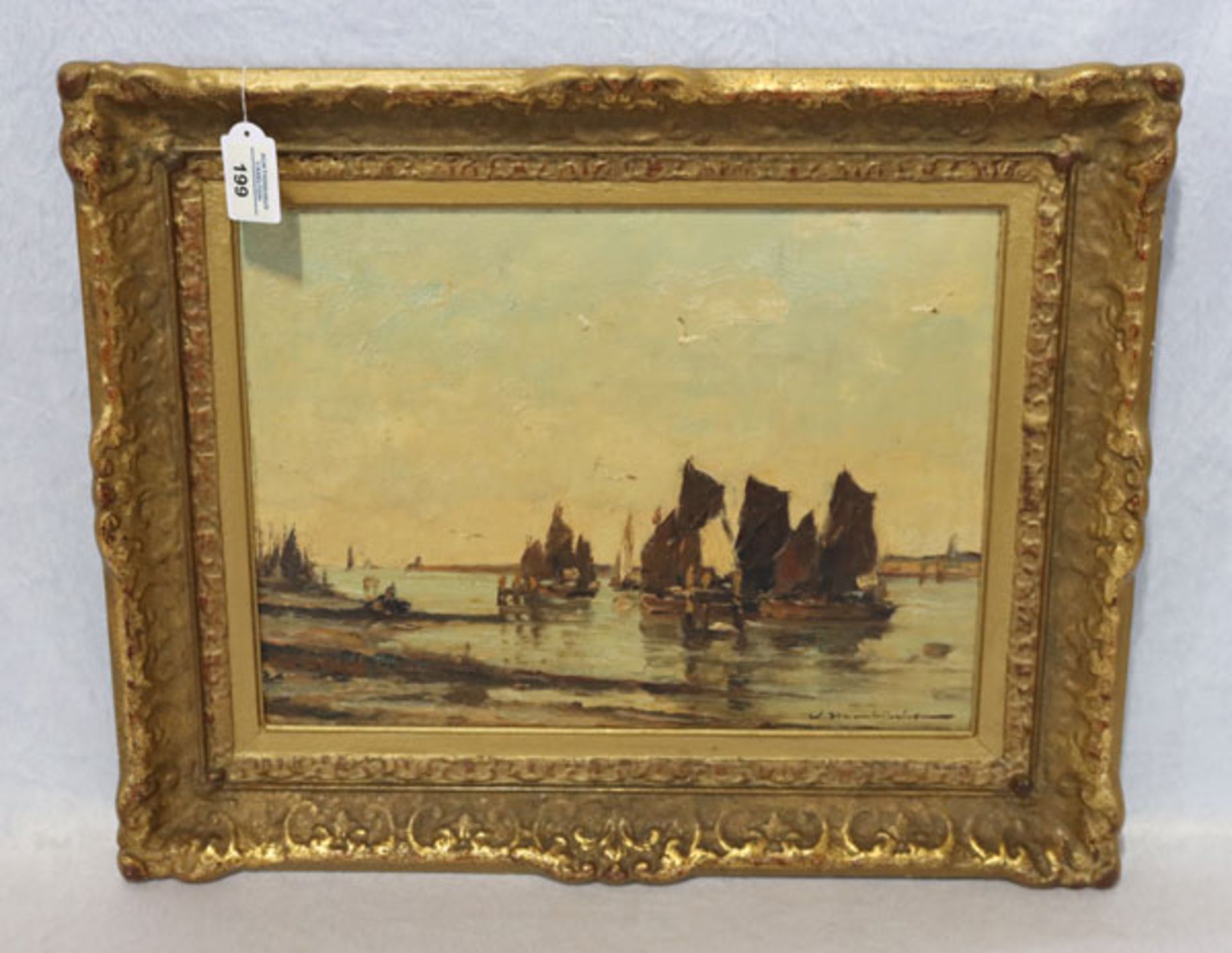 Gemälde ÖL/Holz 'Segelboote', signiert W. Hambüchen, Wilhelm Hambüchen * 1869 Düsseldorf + 1939,