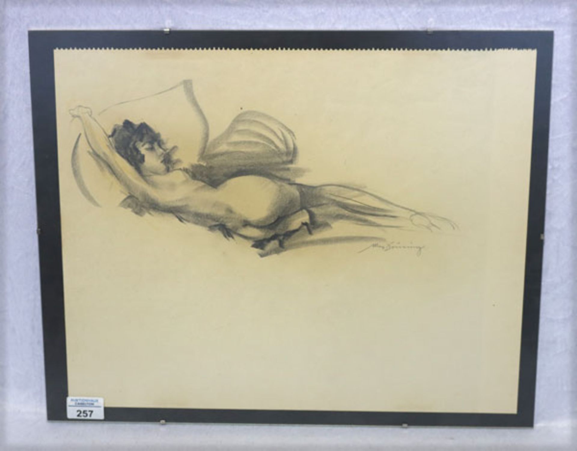 Zeichnung ' 'Liegender Frauenakt', signiert Max Brüning, * 1887 Delitzsch + 1968 Lindau/Bodensee,