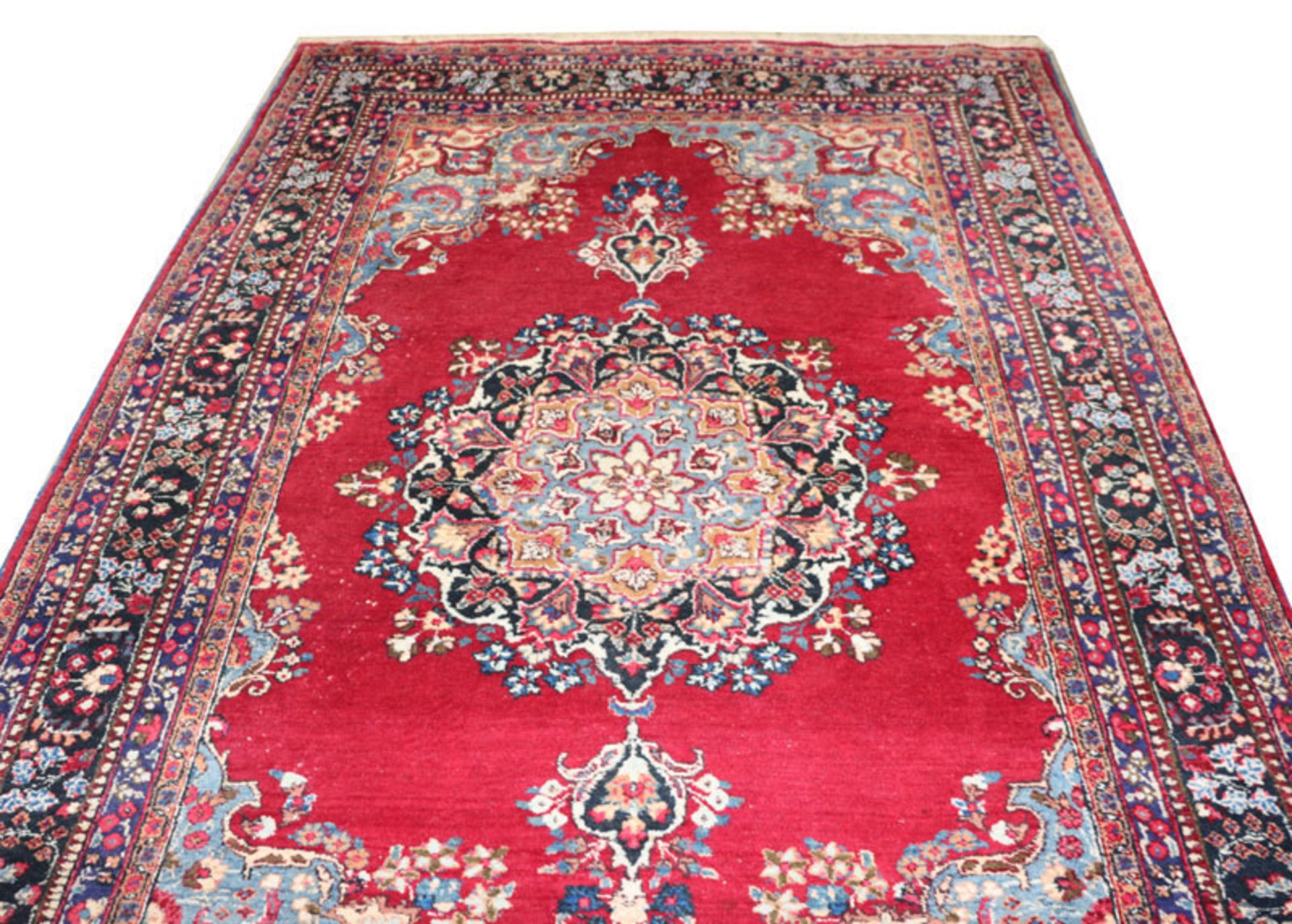 Teppich, Kirman, rot/blau/bunt, Gebrauchsspuren, teils abgetreten, 290 cm x 190 cm