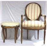 Armlehnstuhl, Sitz und Lehne gepolstert und beige/rot gestreift bezogen, H 97 cm, B 56 cm, T 44
