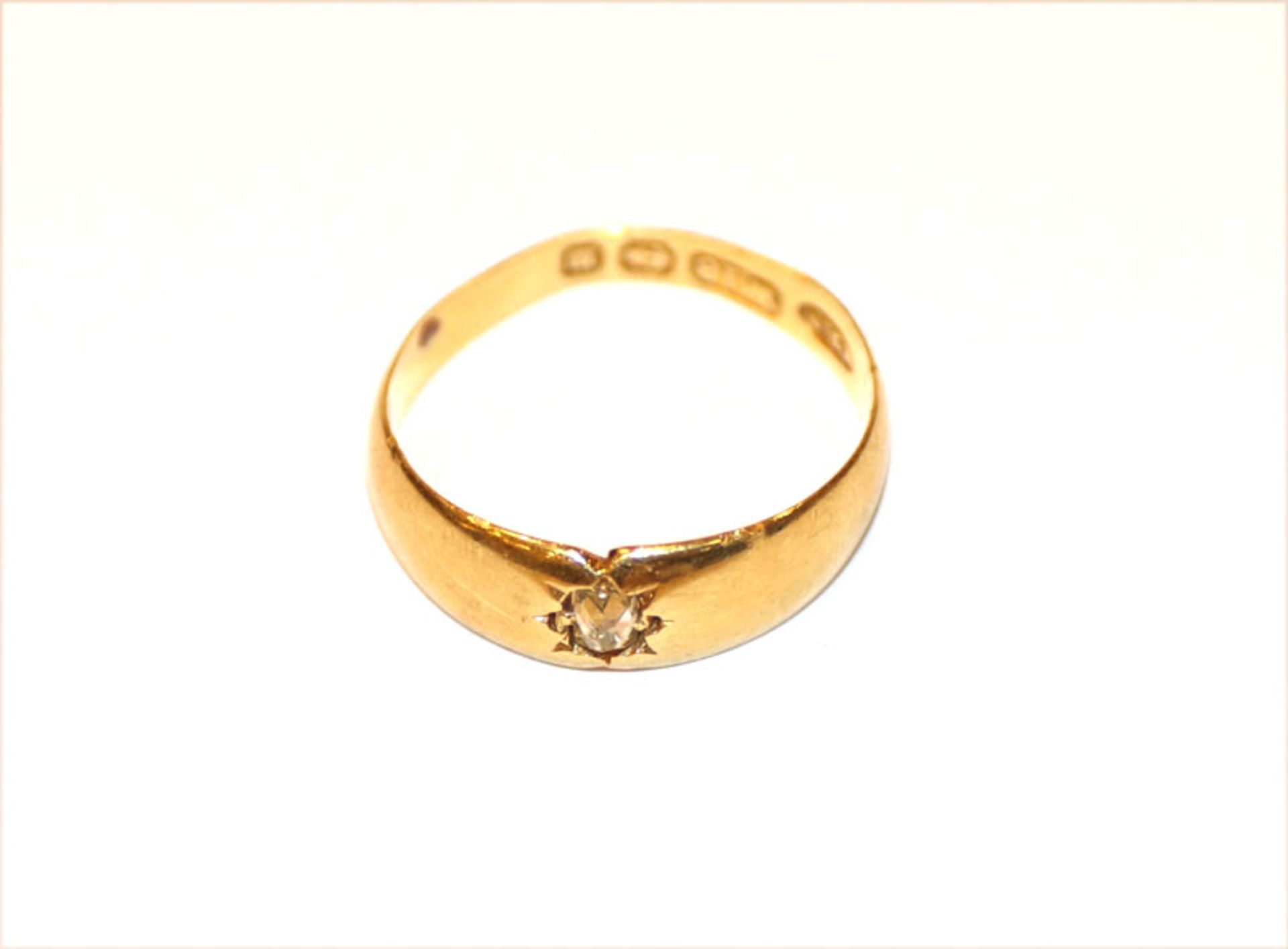 18 k Gelbgold Ring mit Diamant, Birmingham England 1896, Gr. 52, 2,5 gr.