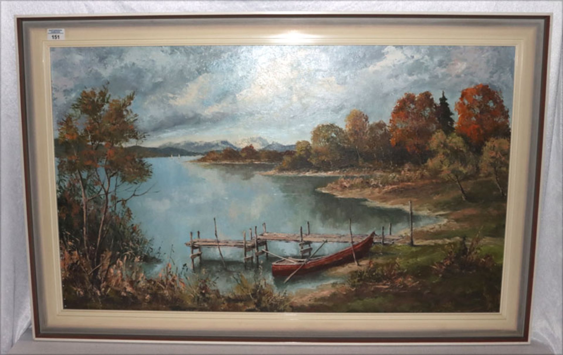 Gemälde ÖL/Hartfaser 'See mit Ruderboot in Voralpenlandschaft', gerahmt, incl. Rahmen 72 cm x 112