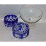 Glas-Konvolut: 2 blauer Glasschalen mit Schliffdekor, H 8/8,5 cm, und Milchglas Fußschale mit
