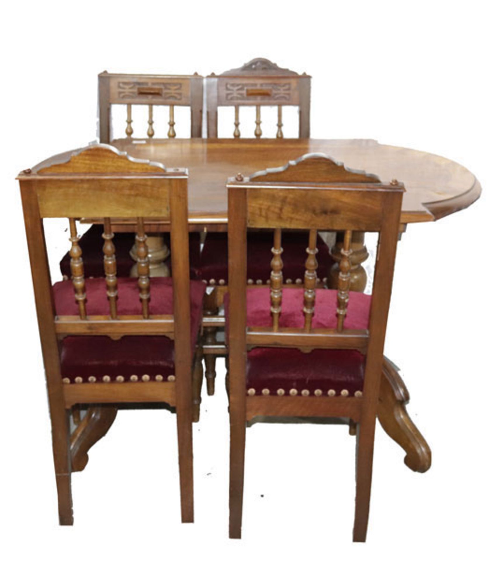 Sitzgarnitur um 1900: Tisch auf gedrechselten Beinen mit 4 Füßen, H 80 cm, B 126 cm, T 69 cm, mit