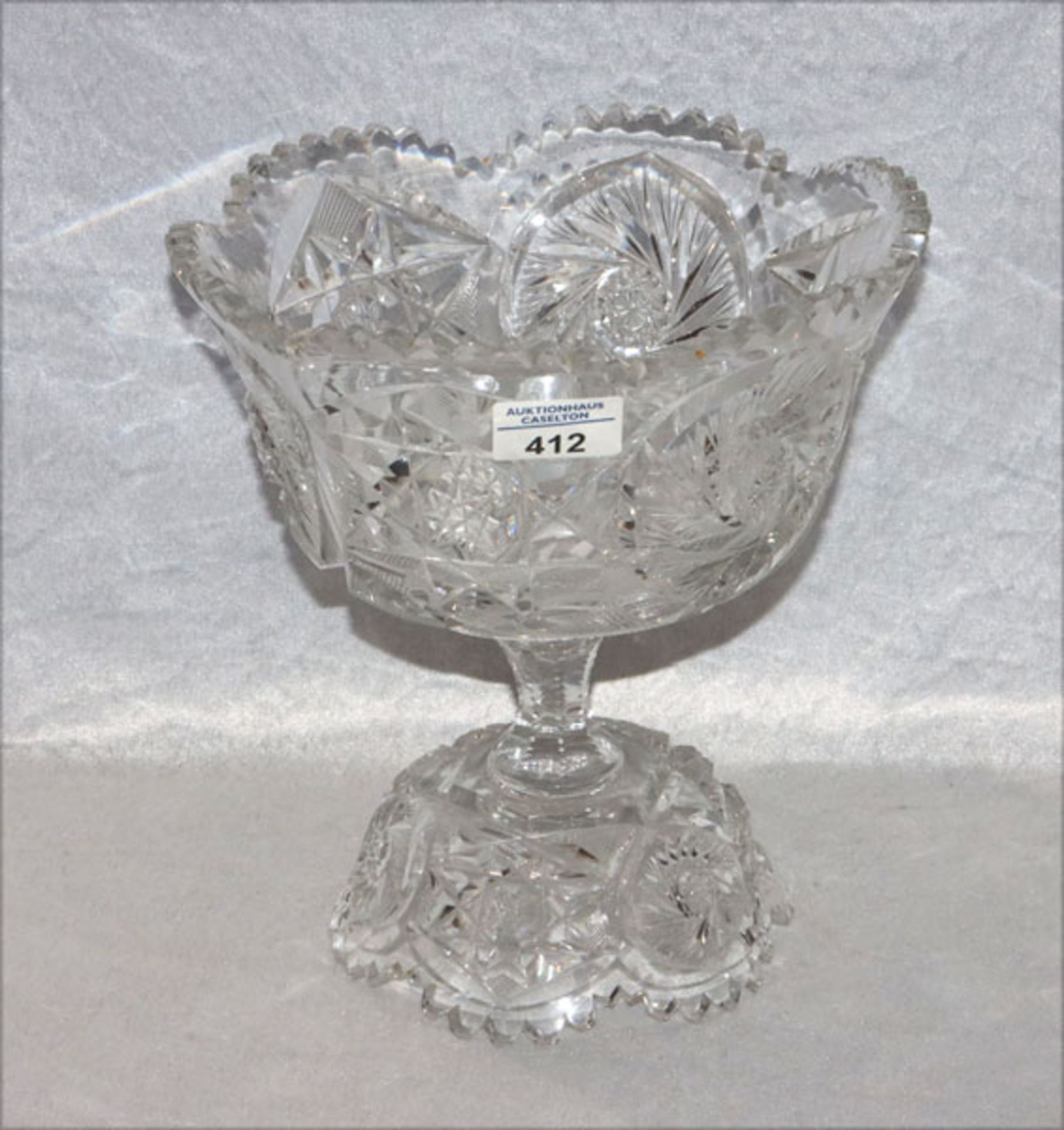 Kristall Aufsatzschale, 2-teilig, feines Schliffdekor, H 25 cm, D 24 cm, Gebrauchsspuren