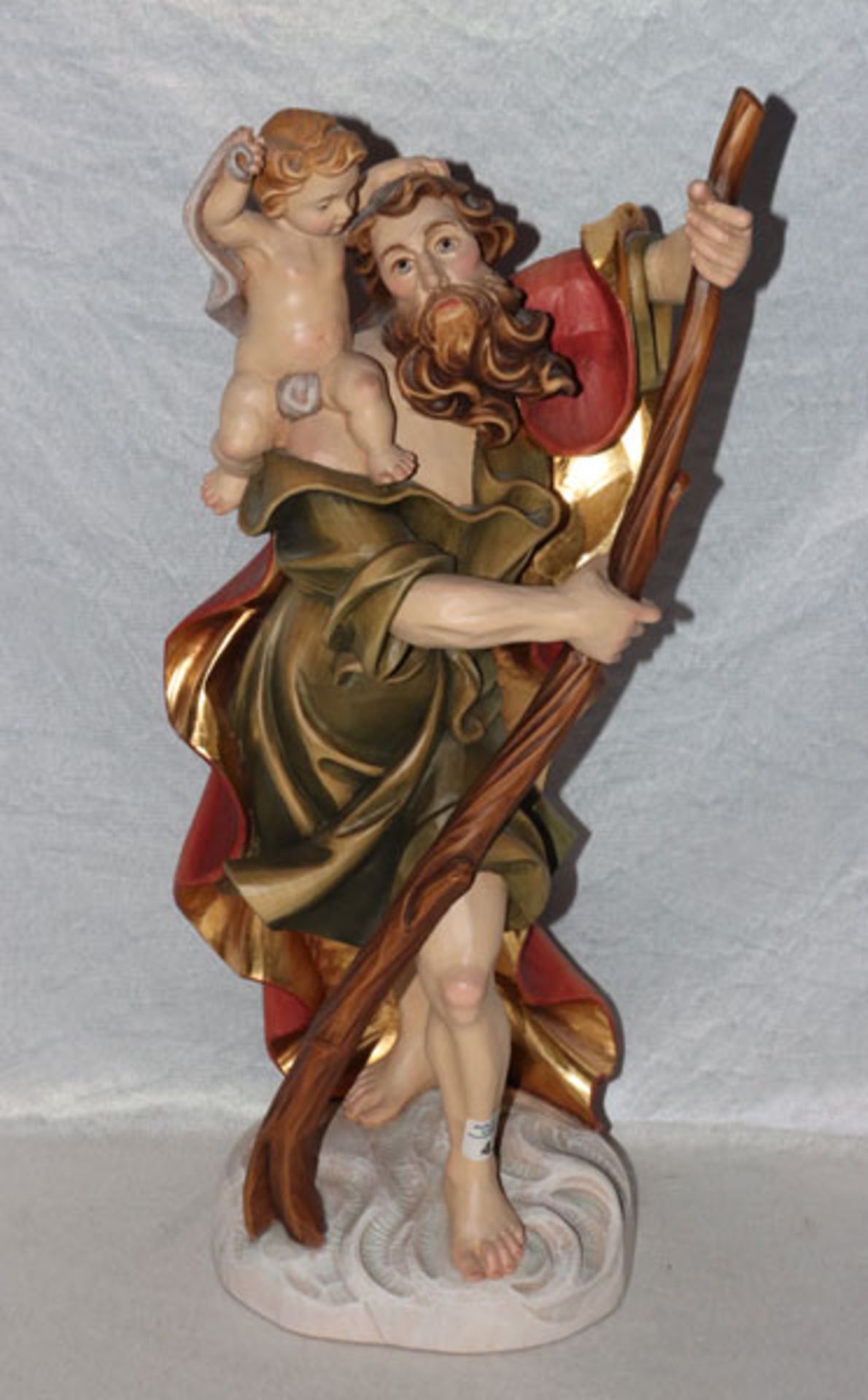 Holz Figurenskulptur 'Heiliger Christophorus', farbig gefaßt, H 58 cm, B 24 cm, T 19 cm