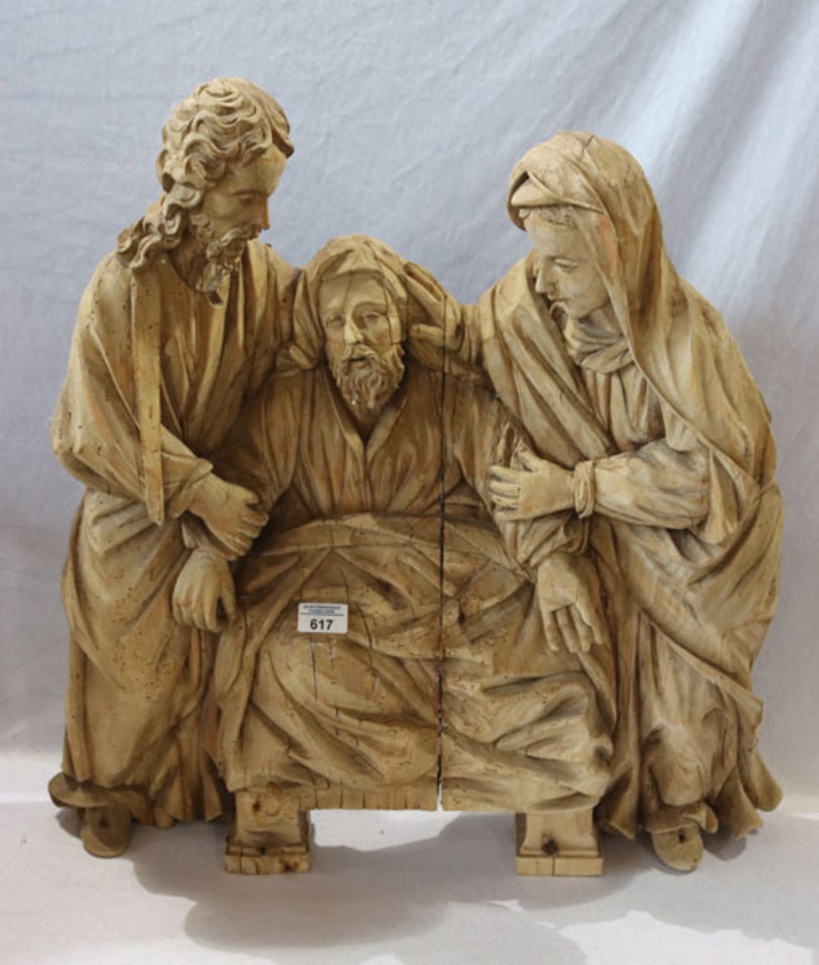 Barock Holz Figurengruppe 'Hl. Joseph mit Maria und Jesus', um 1780/90, ungefaßt, altersbedingte