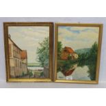 2 Gemälde ÖL/Malkarton 'Fachwerkhaus am Flußlauf', signiert W. Villinger, und 'Maingasse', beide