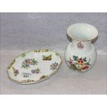 Herend Schale, Dekor Victoria, H 3 cm, L 20 cm, B 15 cm, teils berieben, und Herend Blumenvase mit