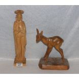 Holz Figur 'Madonna', H 34 cm, und Holz Tierfigur 'Reh', H 24 cm, gebeizt, bestossen, Altersspuren