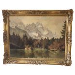 Gemälde ÖL/LW 'Badersee mit Zugspitze', signiert E. Bröcker, München, Ernst Bröcker, * 1893