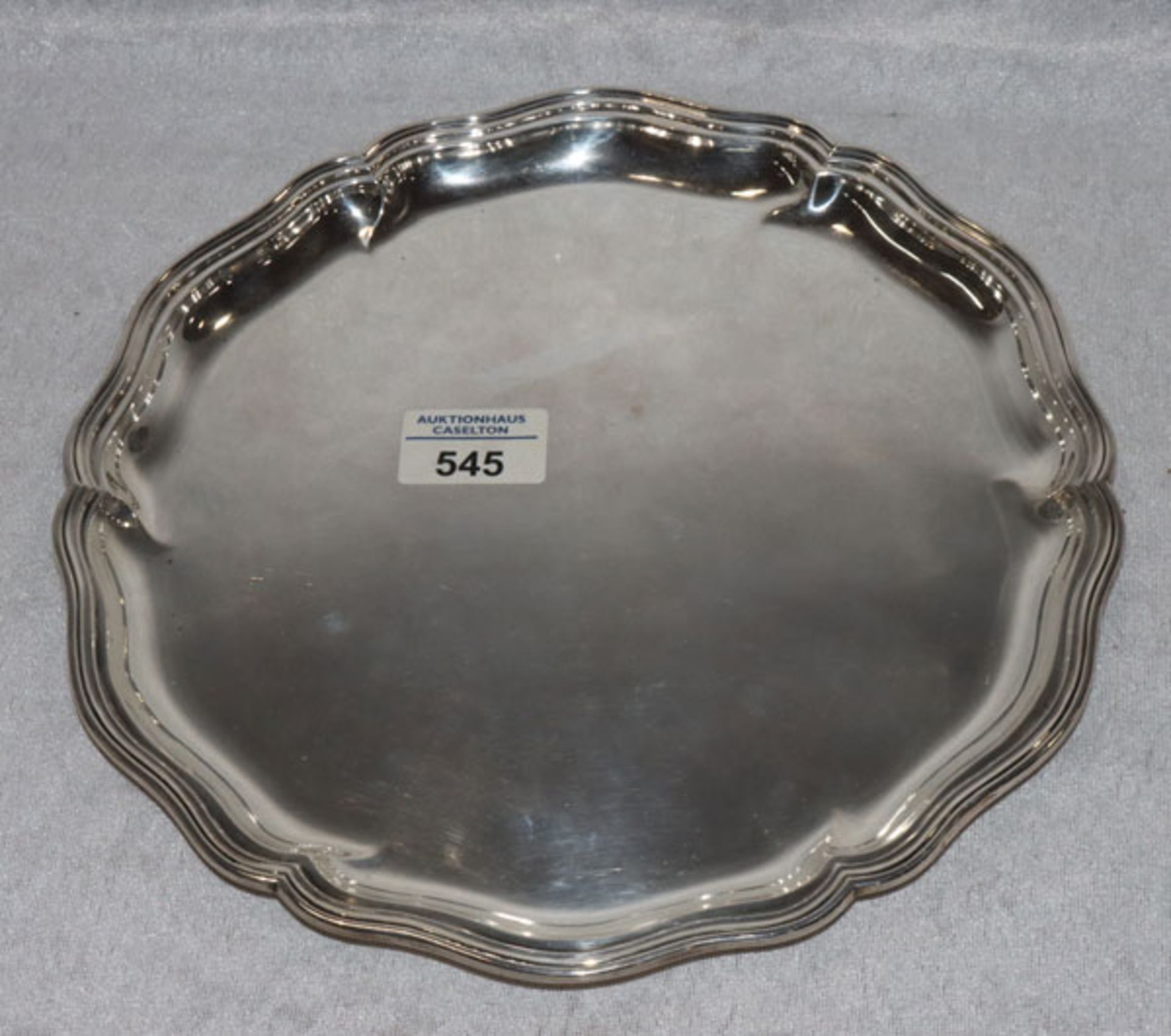 Rundes Tablett mit geschwungenem Rand, 835 Silber, 371 gr., D 27 cm, Gebrauchsspuren
