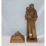 Holz Figurenslulptur 'Heiliger Antonius', dunkel gebeizt, H 42 cm, B 13 cm, T 11 cm, Daumen fehlt,