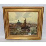 Gemälde ÖL/Holz 'Hafen von Amsterdam', signiert J. Tenhagen, Hans Wacker, alias Jan Tenhagen, * 1868