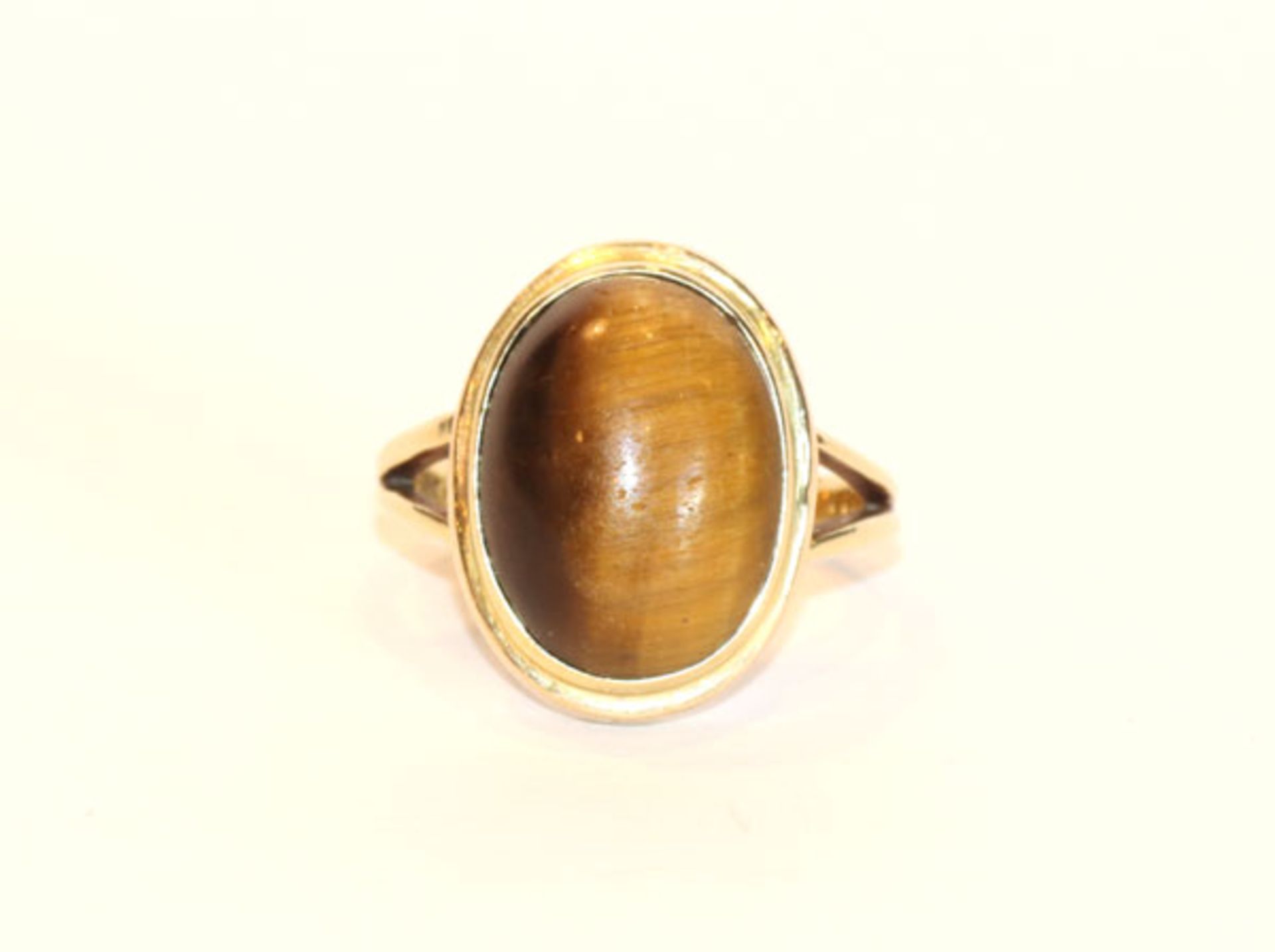 14 k Gelbgold Ring mit Tigerauge, 7,6 gr., Gr. 58