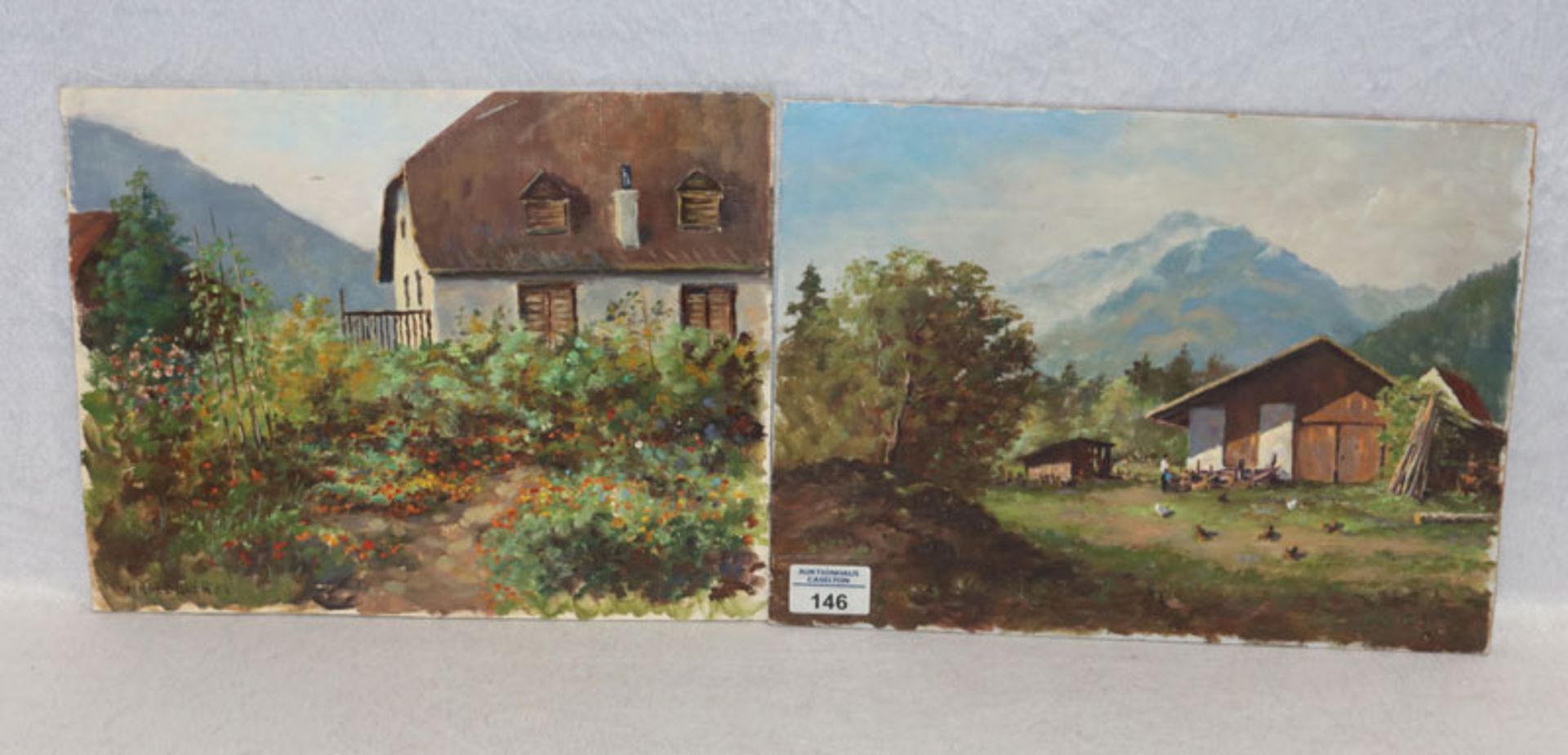 2 Gemälde ÖL/Malkarton 'Stadl in Algund 1983' und 'Haus mit Bauerngarten, Oberplars, 1984', ein