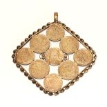 Ausgefallener Anhänger mit 9 diversen Kleinmünzen, gefaßt, teils Silber, 19. Jahrhundert, 9 cm x 8,5