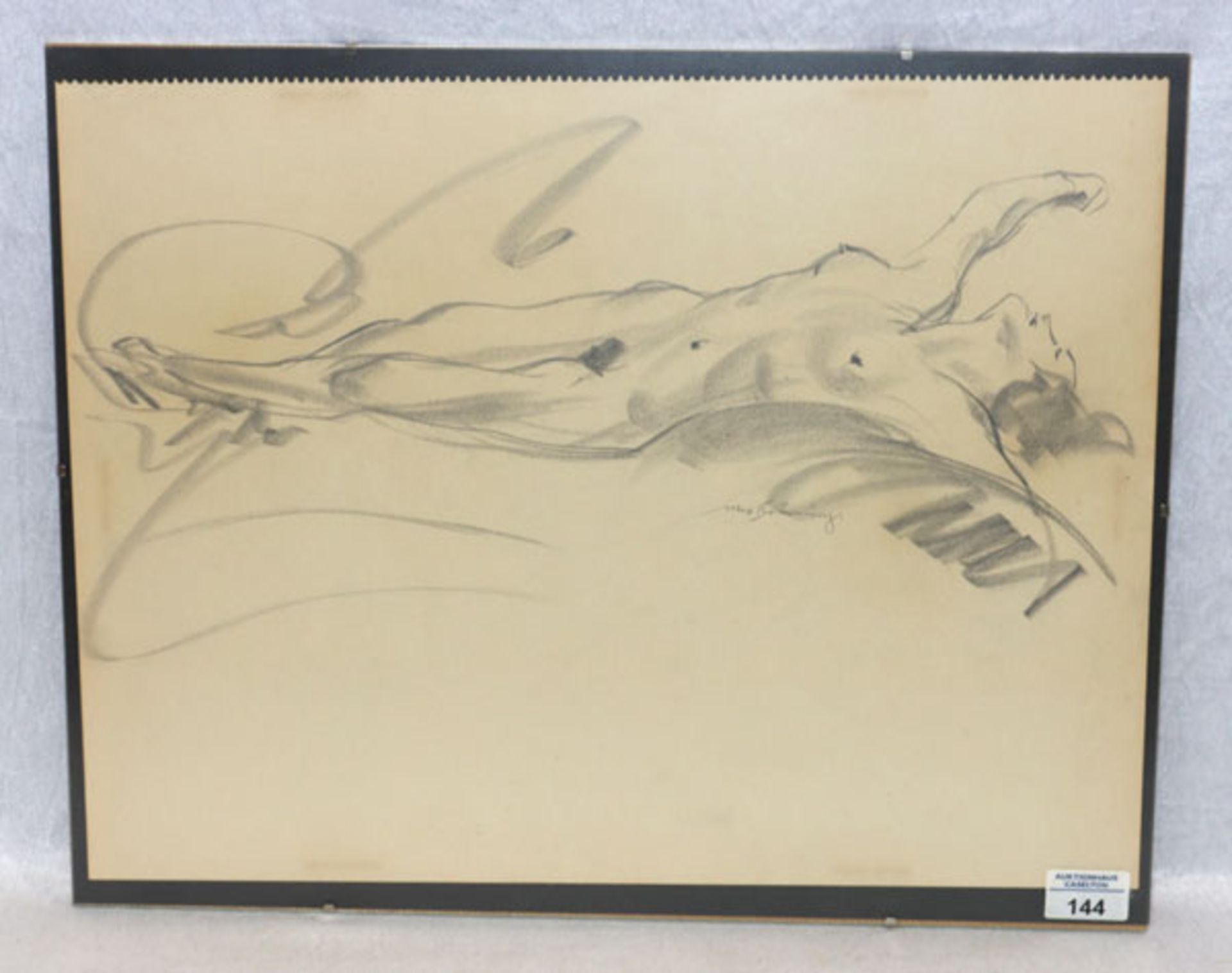 Zeichnung 'Liegender Frauenakt', signiert Max Brüning, * 1887 Delitzsch + 1968 Lindau/Bodensee,