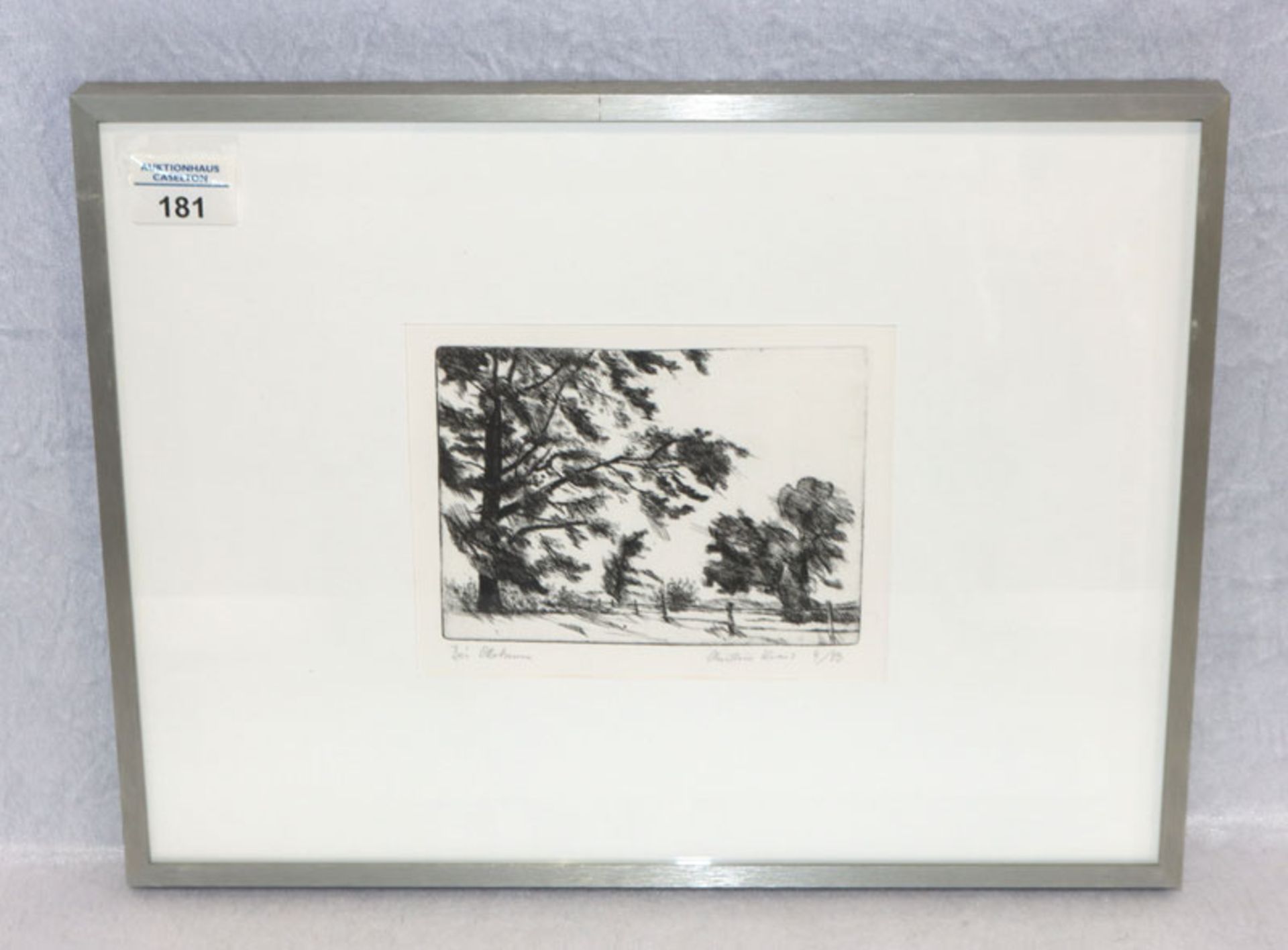 Lithographie 'Bei Ottobrunn', signiert Kristine Krais, Nr. 4/83, mit Passepartout unter Glas