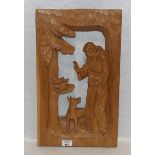 Holzrelief 'Heiliger Leonhard mit den Tieren', gebeizt, H 52 cm, B 31 cm, T 6 cm