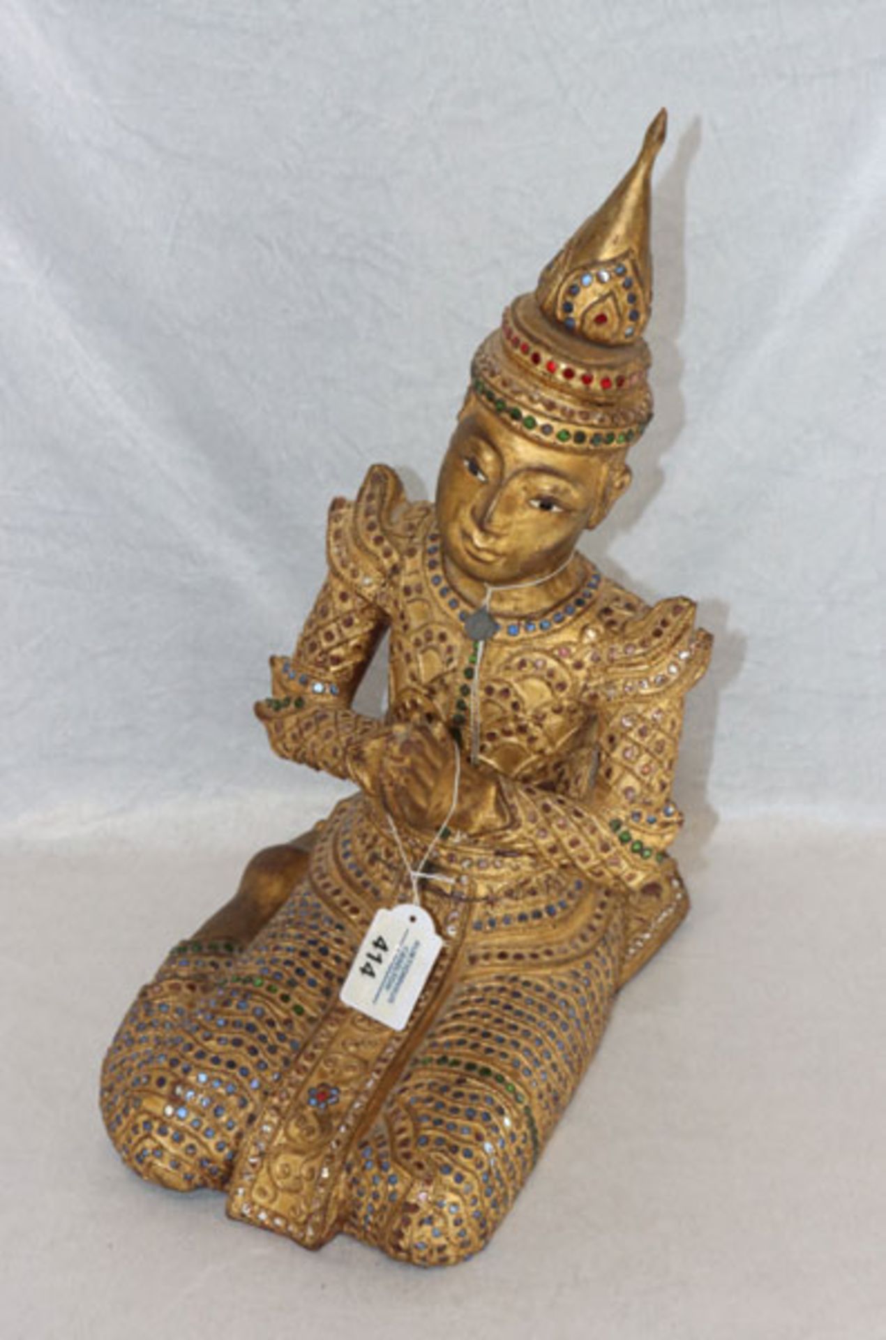 Thailändiche Holzfigur 'Sitzender Buddha mit Spiegelpailletten', Blombe, H 42 cm, B 22 cm, T 34