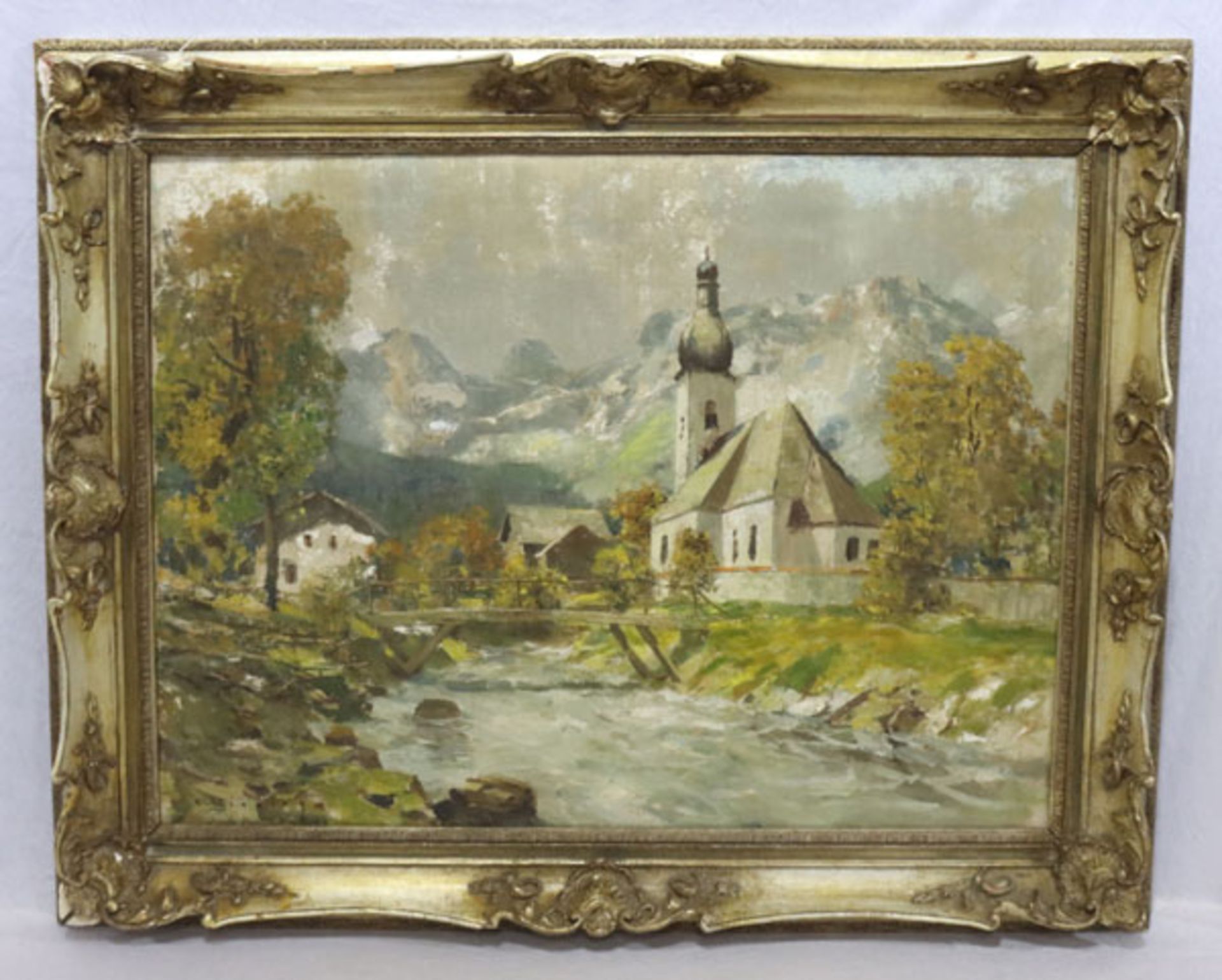 Gemälde ÖL/LW 'Kirche in Ramsau', signiert E. Winning, deutscher Maler des 20. Jahrhunderts,