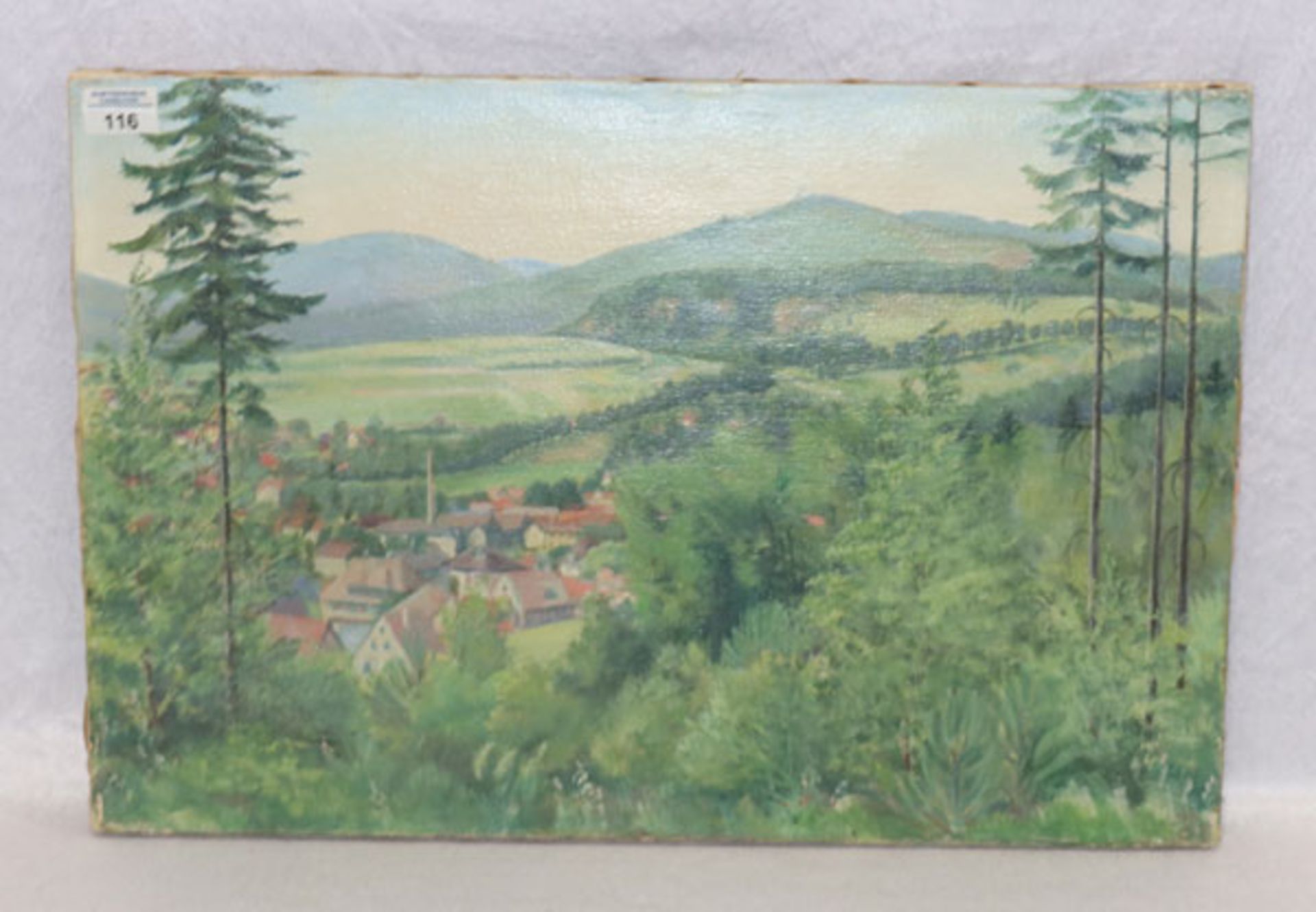 Gemälde ÖL/LW 'Landschafts-Szenerie mit Dorfansicht', ohne Rahmen 40 cm x 61 cm