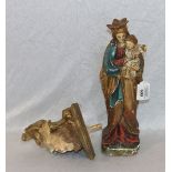 Gußfigur 'Maria mit Kind' und Wandsockel, farbig bemalt, beschädigt, H 51 cm, B 14 cm, T 13 cm