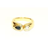 14 k Gelbgold Ring mit Diamant und Safir-Cabochon, 8,2 gr., Gr. 53