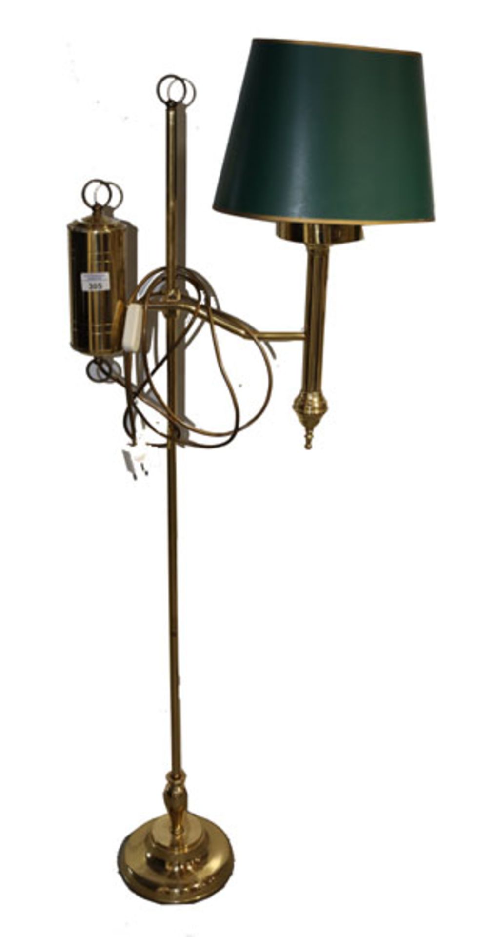 Messing Stehlampe, höhenverstellbar mit grünem Schirm, Gebrauchsspuren, H 143 cm, B 53 cm, T 24 cm