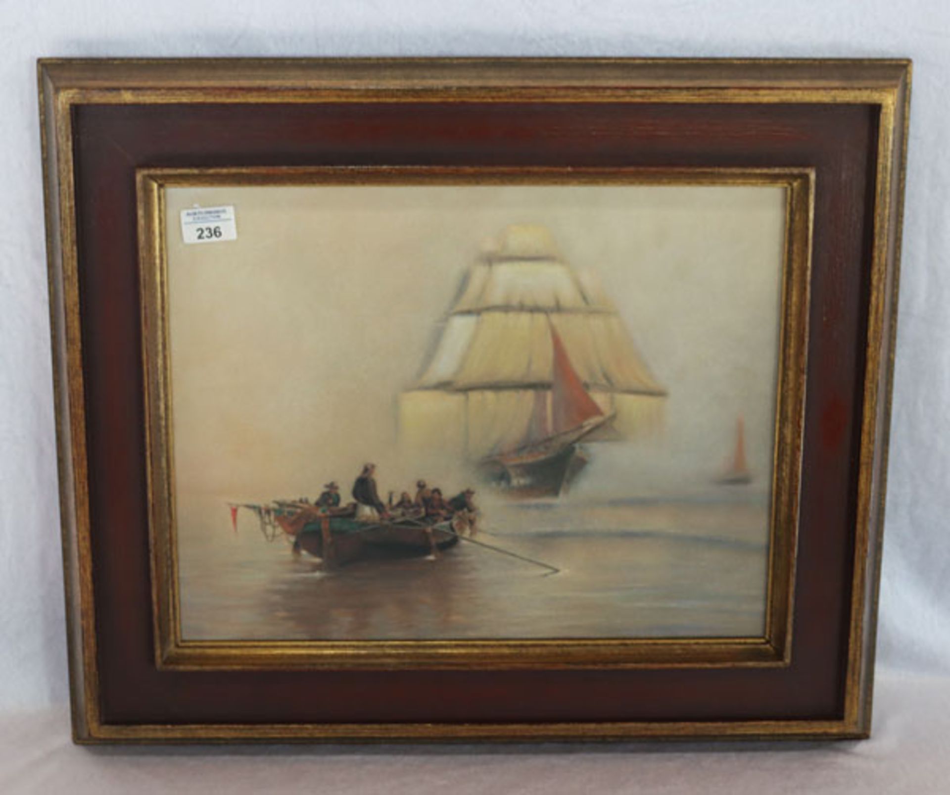 Kunstdruck 'Schiff-Szenerie', unter Glas gerahmt, Rahmen leicht bestossen, incl. Rahmen 52 cm x 62