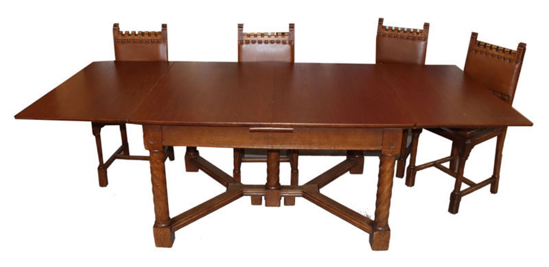 Tisch, auf gedrechselten Beinen, ausziehbar, um 1890, H 74 cm, L 129/239 cm, B 99 cm, und 6 passende
