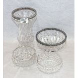 Konvolut von 3 Glasschalen mit Silberrand, H 5,5/8 cm, und Glasvase mit Silberrand, H 21 cm,