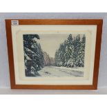 Holzschnitt 'Waldstrasse', signiert Heichberger ?, unter Glas gerahmt, incl. Rahmen 42 cm x 52 cm