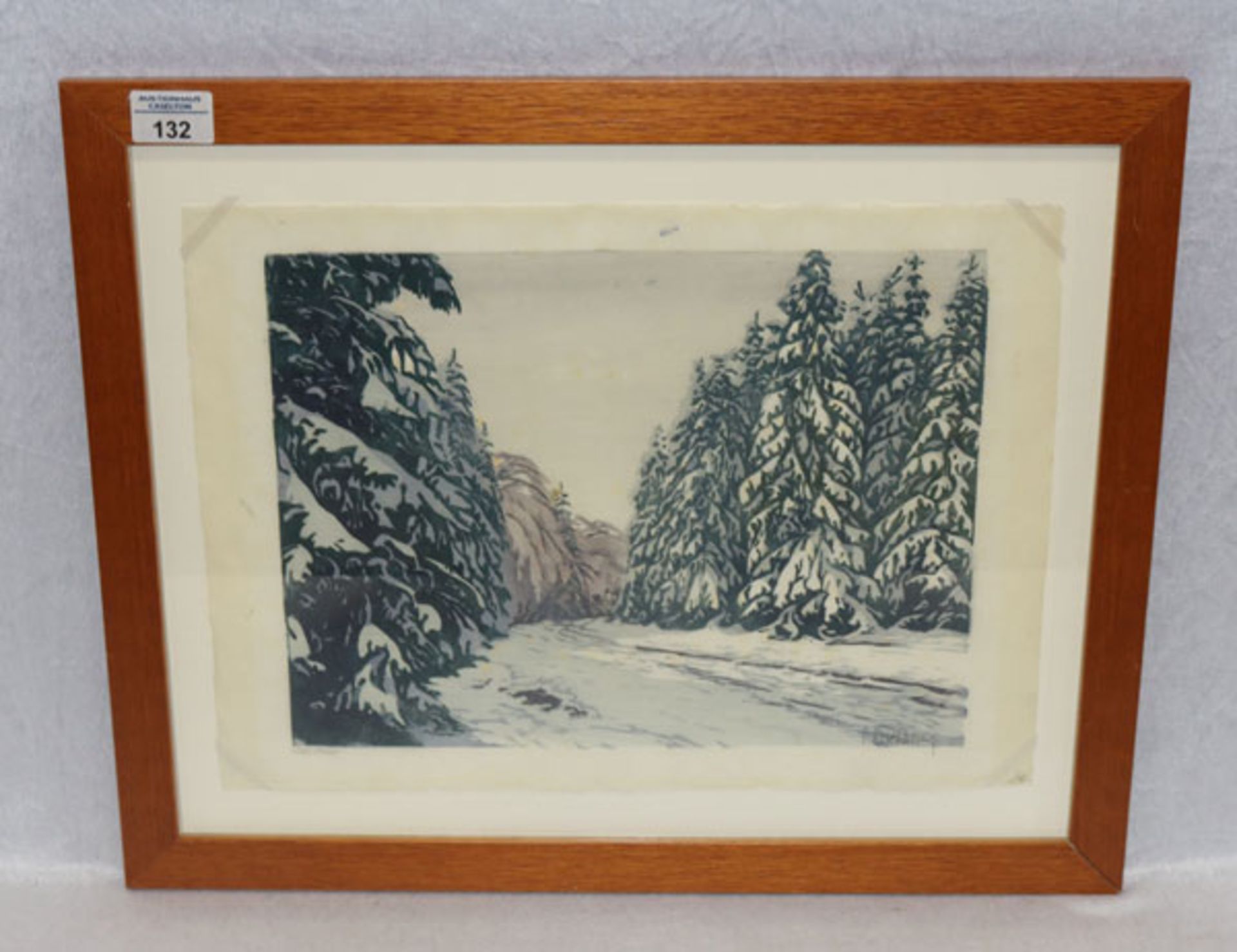 Holzschnitt 'Waldstrasse', signiert Heichberger ?, unter Glas gerahmt, incl. Rahmen 42 cm x 52 cm